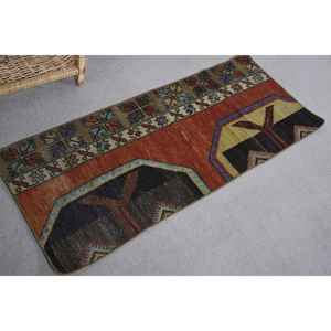 Alfombra étnica de lana de retazos rojos y negros para sala de estar, coche, 1,6x4 pies, patrón de rayas rectangulares, Alfombra de pasillo con respaldo de látex - Product Image 2