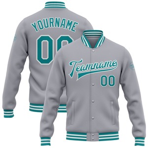 Veste bomber universitaire à lettres, en gris, teal et blanc, à fermeture éclair intégrale, décontractée, pour l'hiver, vente en gros directe de l'industrie - Product Image 1