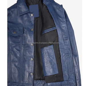 2026 OEM Most Selling Blue Original Cowhide Leather <b>Jacket</b> For Men's Button Pockets High Quality Low MOQ <b>Heated</b> Fashion <b>Jackets</b> - Product Image 3