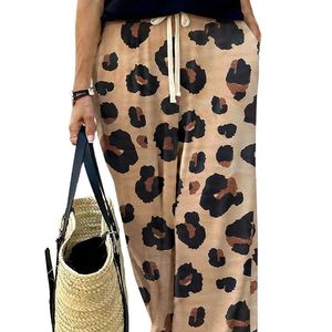 Pantalones sueltos con cordón y estampado de leopardo para mujer, diseño de pierna ancha informal de algodón 100% para primavera y verano con logotipo en la cintura - Product Image 5