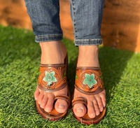 Sandales à bout ouvert en cuir véritable de vachette véritable fait à la main pour femmes style occidental décontracté extérieur tongs plates turquoise