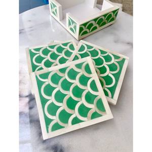Juego de Posavasos de Resina con Incrustaciones de Hueso y Logotipo Personalizado, con Soporte, Estilo Clásico, Ecológico, Forma Cuadrada, Color Blanco y Verde, Decoración de Mesa - Product Image 1