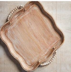 Bandejas de madera hechas a mano de alta calidad Bandeja de madera de mango para servir y decoración Uso Bandeja de forma redonda irregular con asas de cuentas - Product Image 4