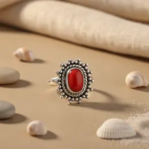 Bague romantique en argent 925 avec corail rouge pour femmes, tendance et élégante, plaquée or rose, incrustée de pierres précieuses naturelles, forme numéro - Product Image 2