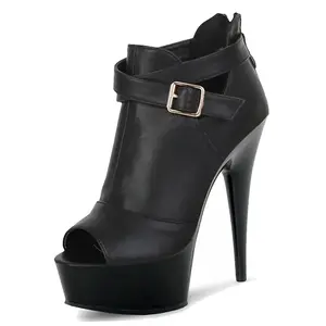 Botines de tacón de 5 cm para mujer, estilo coreano, con punta abierta, transpirables, de PU sólido, con hebilla metálica, sin cordones, para otoño e invierno - Product Image 1