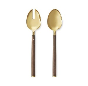 Ensemble de serveurs à salade en métal plaqué or avec manche plat en bois pour table à manger, aspect fabuleux, fait à la main - Product Image 1