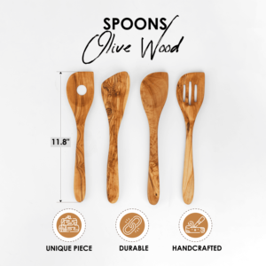 Ensemble d'ustensiles de cuisine classiques en bois d'olivier ArtisRaw, faits à la main, 4 pièces, antiadhésifs, manche long, durables, écologiques, polis à la main, 12-15 mm - Product Image 6