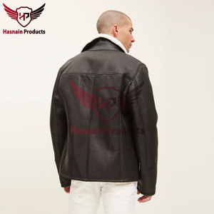<b>Mens</b> Real <b>Shearling</b> Leather <b>Jacket</b> Black White Fur Collar Asymmetric Zip Pocket Sheepskin Aviator Coat Custom Winter Outer - Product Image 5