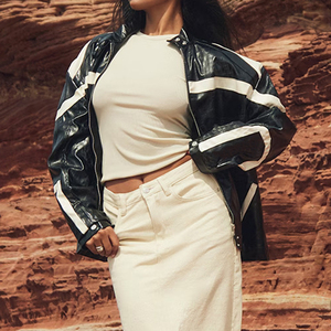 แจ็กเก็ตหนัง PU สำหรับผู้หญิงเสื้อแจ็กเก็ตขี่มอเตอร์ไซค์มีซิปด้านหน้าทำจากหนังเทียมดีไซน์ตามสั่ง - Product Image 6