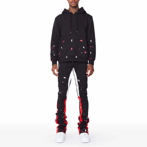 <b>Men</b> <b>Black</b> Printed Flared Tracksuits Custom Logo Hoodie Sweat Pant Breathable 100% Cotton 2 Piece Set - Product Image 6