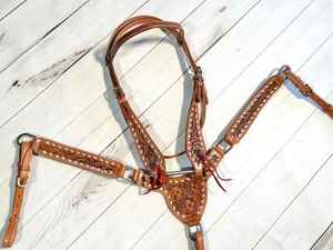 Conjunto de tachuelas de caballo de cuero genuino gladiador con herramientas florales, sillín occidental inglés de temporada ligero que incluye pecho de cabeza - Product Image 3