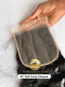 100% Raw Unprocessed 16'' Natural Curly 5x5 HD <b>Lace</b> Closure Remy Indian Temple Virgin Cuticle Aligned Human Extensions Wholesale - Product Image 5