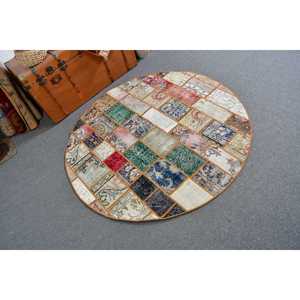 Alfombra Turca Redonda Vintage de 4.5x4.5 pies, Alfombra de Lana Azul - Product Image 1