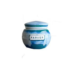 Handmade Ceramic Pet <b>Urn</b> Blue Glaze Airtight Lid Personalized Parker Nameplate for Dogs - Product Image 1