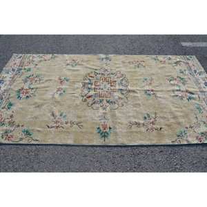 Tapis en Laine Rectangulaire Classique Vintage 4.8 X 9.3ft Jaune Bleu Floral Patchwork Design Latex Soutenu pour Adolescents pour le Salon - Product Image 3