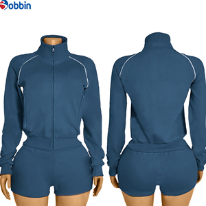 Ensembles de sport pour femmes grande taille sur mesure, logo personnalisé, coton, couleur contrastée, vestes à manches longues, shorts, 2 pièces, vêtements de sport pour femmes - Product Image 1