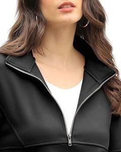 Sudadera con Capucha Negra de Media Cremallera para Mujer, Sudadera Holgada de Forro Polar Cálido con Cuello Alto, Ropa Casual de Invierno, Material Suave, Bolsillo Tipo Canguro - Product Image 4