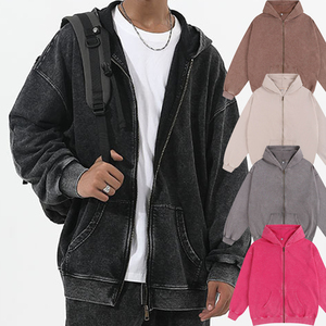 เสื้อสเวตเตอร์มีฮู้ดโอเวอร์ไซส์มีซิปสำหรับผู้ชายวินเทจซักด้วยกรด GSM 400โลโก้พรีเมียม - Product Image 1