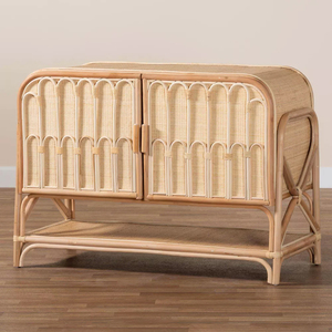 Meuble en rotin naturel fait main avec double porte et étagère inférieure Buffet de rangement Boho pour la décoration du salon - Product Image 1