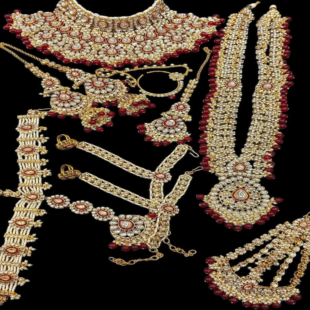 مجموعة مجوهرات الزفاف المصنوعة يدويًا من كوندان باللؤلؤ الأحمر بالكامل من الشركة المصنعة للمجوهرات الماس كوندان بالجملة