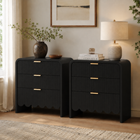 Table de chevet noire à 3 tiroirs cannelés, armoire de rangement en panneaux de particules ondulés pour chambre à coucher et appartement