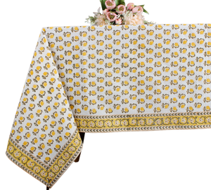 Mantel Amarillo Vintage con Estampado de Palmeras y Borde Verde a Rayas, Mantel Estampado a Mano con Bloques de Tinta India - Product Image 1