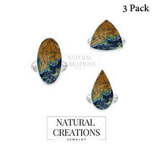 Anillo de Compromiso Unisex de Plata de Ley 925 con Acabado de Alta Calidad, Engaste de Bisel, Azurita, Malaquita, Forma de Trillón, Ovalada, Pera, Estilo Clásico - Product Image 2