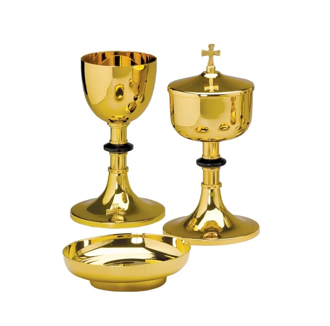 Chalice with Cross and Black Node and Bowl Paten Set Gold Color Plated Christian Church Chalice and Ciborium Church Supplies