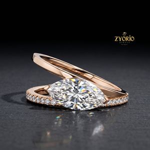 Anillo de compromiso de oro de 10K con corte marquesa y banda de diamantes pavé, elegante joyería nupcial - Product Image 2