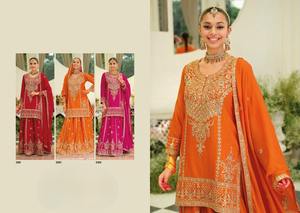 Costume palazzo de style pakistanais en soie Chinon de qualité supérieure avec un travail brodé lourd parfait pour la collection de la saison des mariages - Product Image 6