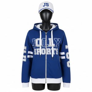 Sudadera con Capucha de Felpa de Algodón para Mujer en Azul con Paneles Blancos en los Puños, Rayas en las Mangas y Logotipo Personalizado con Pedrería - Product Image 1