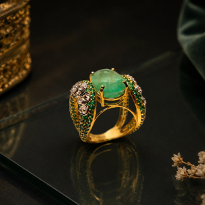 Luxury Oval Green Emerald <b>Ring</b> for Women Micro Pave Diamond Cocktail <b>Statement</b> <b>Ring</b> - Product Image 2