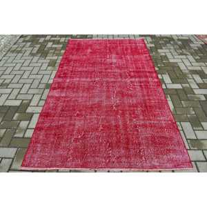 4.6x7.8 ft Vintage Area Rug, <b>Red</b> Pink Turkish Animal Print <b>Wool</b> Rug - Product Image 1