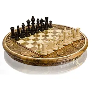 Royal Vintage Round Shaped With Flower Designed Wood Chess Board Anti-scratch International Chees Set Gift Ornament For Adult