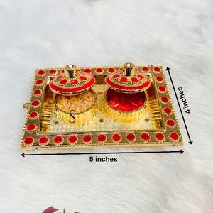Atractivo Plato decorativo tradicional Meenakari de Kumkum Chawal para Puja hecho a mano Puja Thali religioso para favores de boda - Product Image 6