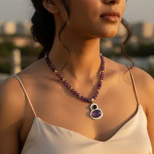 Collar de cuentas de amatista Art Palace con colgante de plata 925, estilo clásico, para uso diario, joyería para mujer de la India (Rajasthan) - Product Image 3