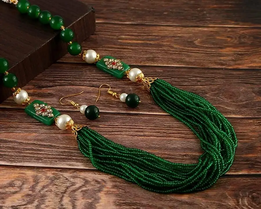 Set perhiasan kalung Mala panjang mutiara imitasi India dengan anting-anting untuk anak perempuan pakaian pesta berlapis emas
