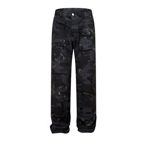 กางเกงยีนส์เดนิมผู้ชายสไตล์สตรีทแวร์ ผ้าเนื้อเดนิมล้วน ระบายอากาศได้ดี ทรงหลวมตรง เหมาะสำหรับฤดูใบไม้ร่วงและฤดูร้อน ผลิตจากผ้าฝ้าย 100% ผ่านการซักแล้ว มีจำหน่าย - Product Image 1