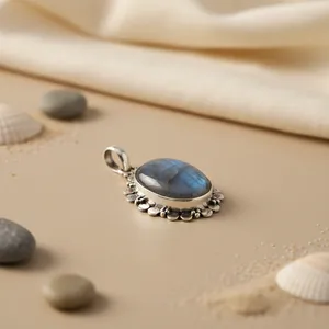 "Handmade 925 <b>Silver</b> Oval Blue Gemstone Religious <b>Charm</b> Pendant for Women" - Product Image 3