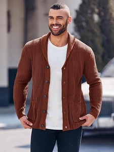 Venta caliente de invierno de los hombres con cuello en V Patchwork Cardigan Suéter Cinturón multicolor de punto con bolsillos - Product Image 4