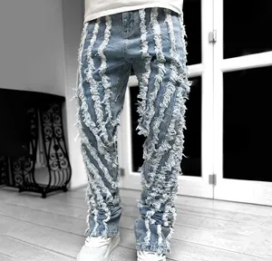 Hip Hop Vintage Washed Distressed Trousers Ripped Stacked Pants Denim Flare Men Jeans