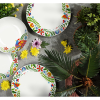 Service de vaisselle rond 12 assiettes en porcelaine durable, motifs botaniques vibrants, Fiesta par Excelsa, design moderne et coloré