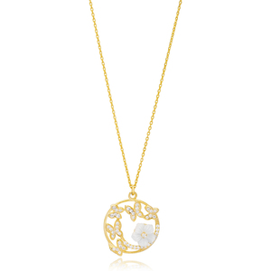 Round Shape Butterfly White Enamel Flower Design Zircon Stone Charm Necklace Turkish Handmade 925 Sterling Silver Jewelry - Product Image 1