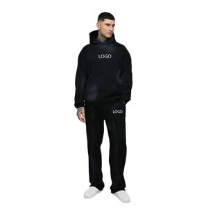 Conjunto de Pantalones y Sudadera con Capucha Personalizable OEM, Estilo Holgado, Lavado Ácido, Unisex, Negro, Mangas Raglán Extra Grandes, Lavado con Spray - Product Image 1