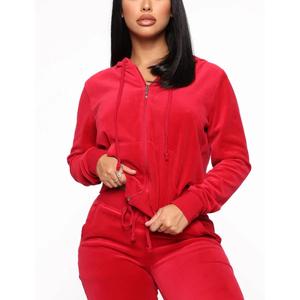 Winter New Custom Casual <b>Leisure</b> <b>Suit</b> Two-piece Set Eco-Friendly Velour Double-zipper Hooded Tracksuit Jogger <b>Women</b> Clothing Set - Product Image 2