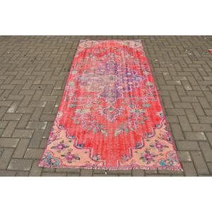 พรมตุรกี, พรมวินเทจขนาด 3.7x7.8 ฟุต, พรมขนสัตว์ลายอิคัตสีแดงน้ำเงิน - Product Image 1