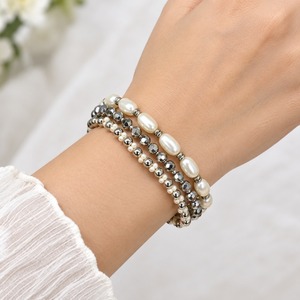 Women's <b>Silver</b> Plated Imitation Pearl <b>Beaded</b> <b>Bracelet</b> Set Classic Multi Strand Stacking Bangles Party Jewelry - Product Image 5