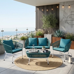Blue Durable <b>Outdoor</b> Garden Furniture Set White Metal Frame Weaving <b>Rattan</b> <b>Sofa</b> Armchairs Glass Coffee Table Living Room Patio - Product Image 2