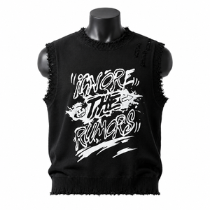 Camiseta sin mangas de punto negra para hombre con estampado gráfico blanco, cuello redondo y ribete de encaje estilo urbano - Product Image 3