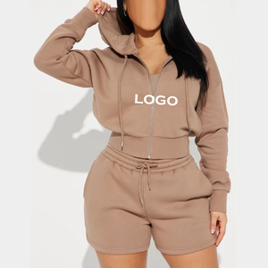 Acheter en gros 2025 ensembles de survêtements femmes mode col rond manches longues couleur unie décontracté haut veste à capuche ensemble short et short - Product Image 4